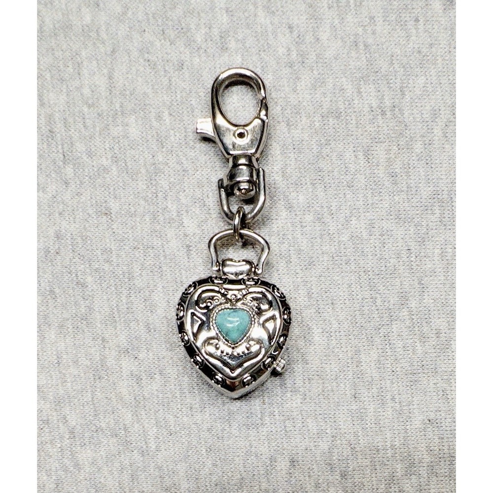 Silver Turquoise Heart Shaped Locket Watch Pocket Keychain New Battery 3"